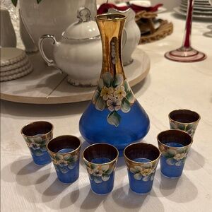 Blue Floral Glass Decanter Set